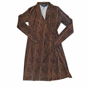Norma Kamalli Dress Faux Wrap Black Brown Snake Print V Neck Classic City Sz XL